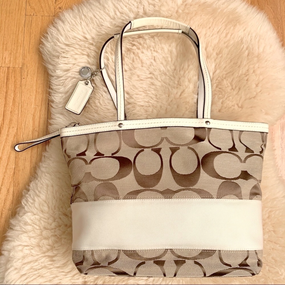 COACH F13548 Signature White Stripe Tote Bag